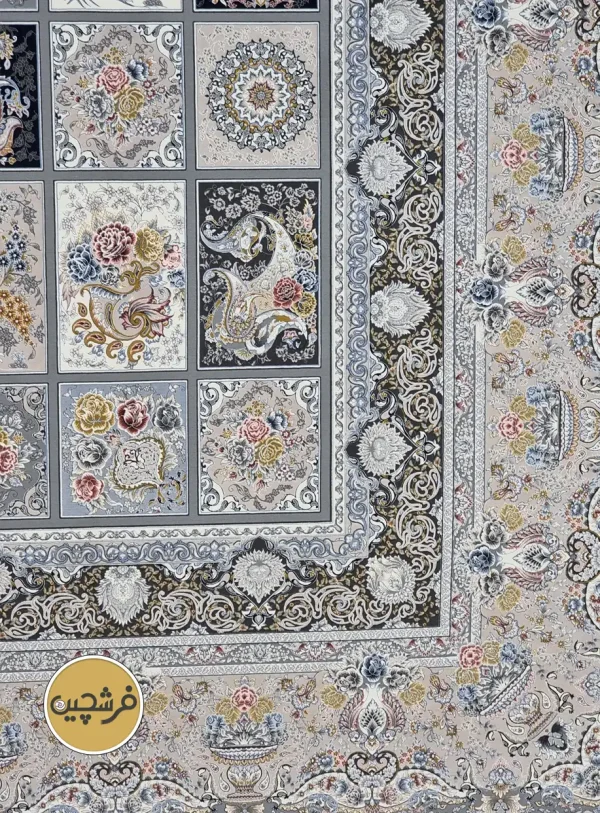 فرش ماشینی 1500شانه طرح خشتی طوسی